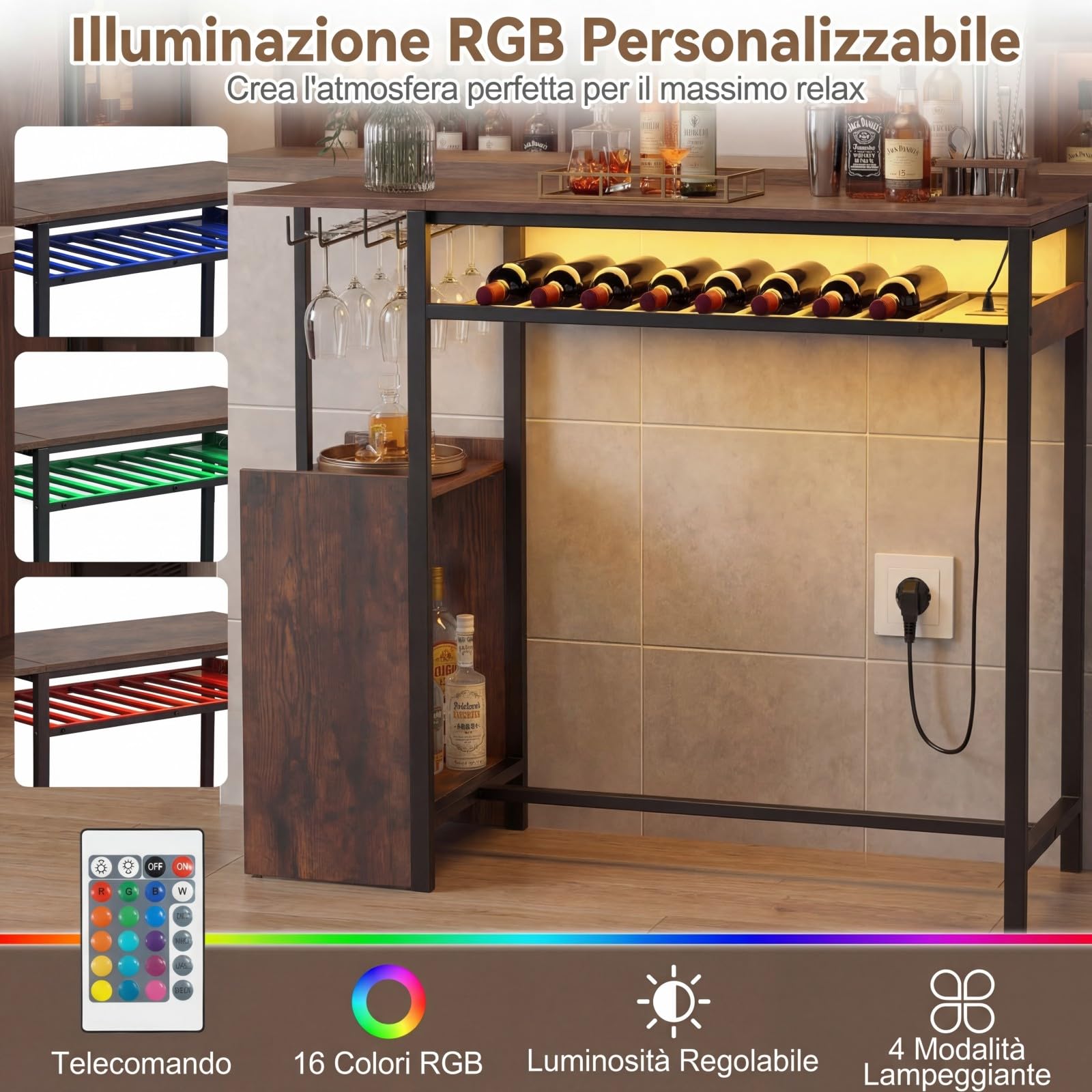 COSTWAY Tavolo da Bar con Luce Regolabile, Tavolino Alto con Stazione di Ricarica, Portabottiglie e Portabicchieri, Tavolino da Cucina per Soggiorno e Sala da Pranzo, 110 x 40 x 92 cm