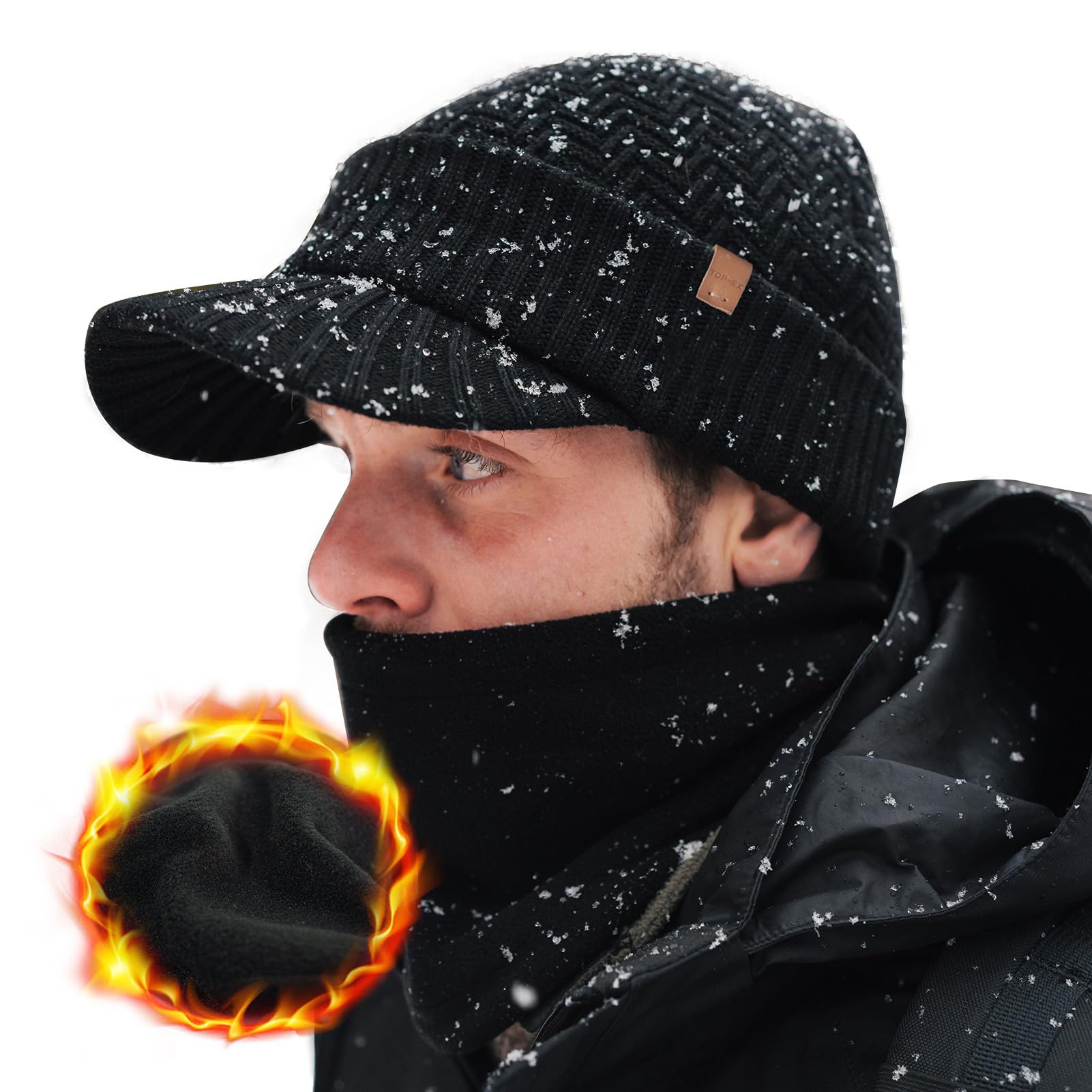 TOP-EX Gorro de invierno de lana merino DryKnit, para hombre y mujer, gorro cálido con paraguas, forro polar impermeable y calentador de cuello de forro polar cálido
