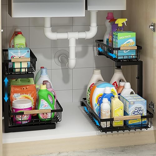 2 Pack Under Sink Organizer Height Adjustable Sink Shelf 2 Tier Slide Out Storage Rack, Kitchen Bathroom Organizers and Storage Pantry Cabinet Closet Organizers
