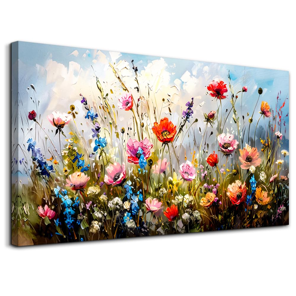 hyidecorart Canvas Wall Art for Living Room Large, 30"x60" XXL Daisy Pictures Prints, Blue Sky and Sea of Flowers Bedroom Decor Aesthetic, Modern Wall Decorations for Office Bathroom Hallway
