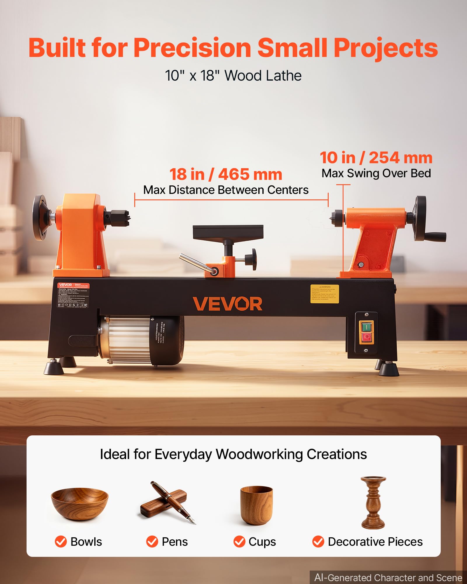 VEVOR Tornio per Legno da Banco 375 W 254 x 465 mm 5 Velocità Regolabili