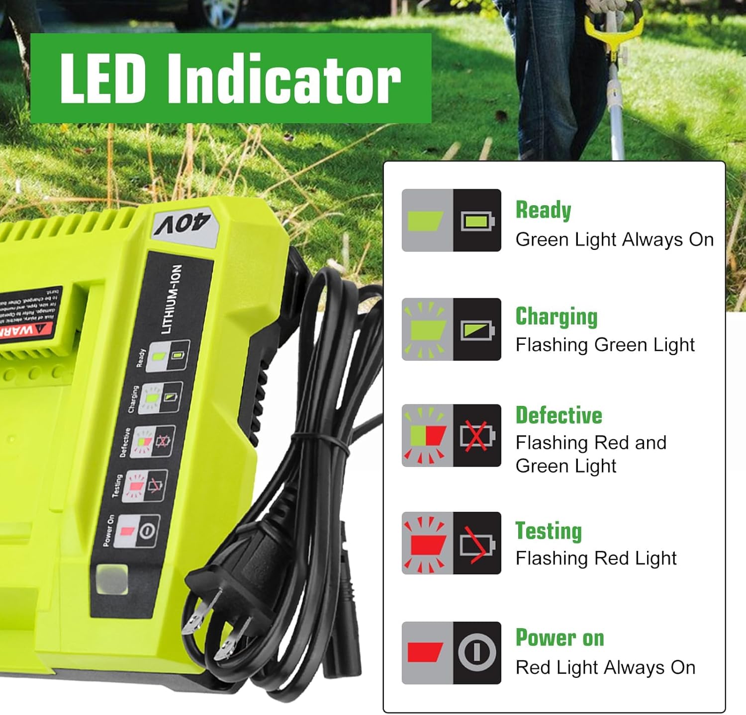 2Pack 7.5Ah Replacement for Ryobi 40V Battery Lithium Ion and OP401 Charger Compatible with Ryobi 40 Volt Battery OP4026 OP4050A OP4040 OP4030 OP4050 Replacement for 40v OP401 Charger (Green)