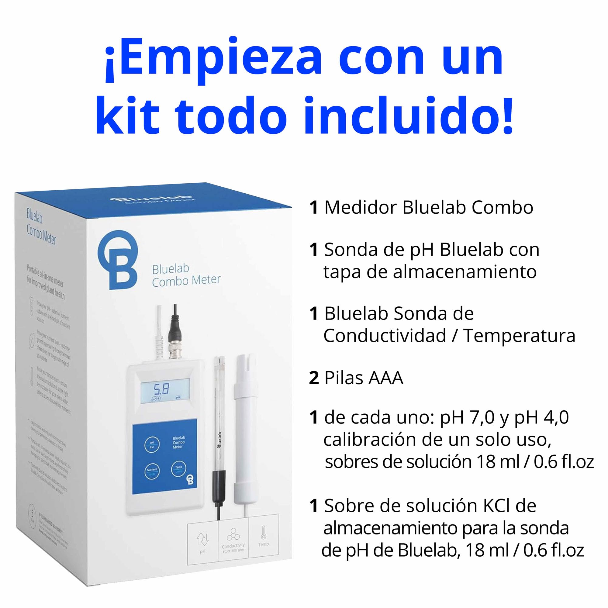 Medidor combinado METCOM de Bluelab - Medidor combinado de pH, temperatura y conductividad (CE) con sondas, de fácil calibración