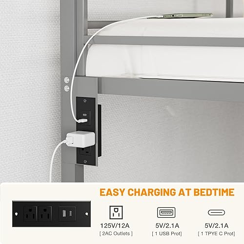 Miniatura 4 de IKIFLY Literas de tamaño matrimonial sobre tamaño matrimonial con luces LED y estación de carga, marco de litera de metal resistente, barandilla de