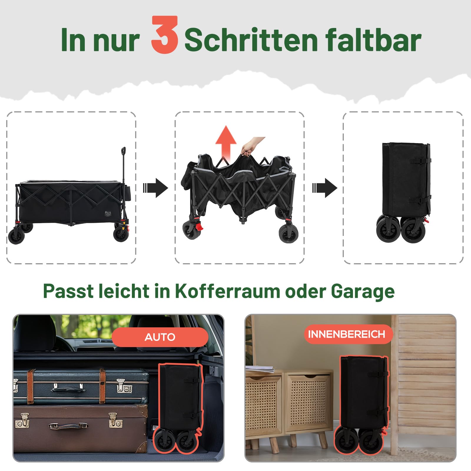 TIMBER RIDGE Faltbarer Bollerwagen 300L Klappbarer Strandwagen 150kg Traglast All-Terrain Räder mit Bremse