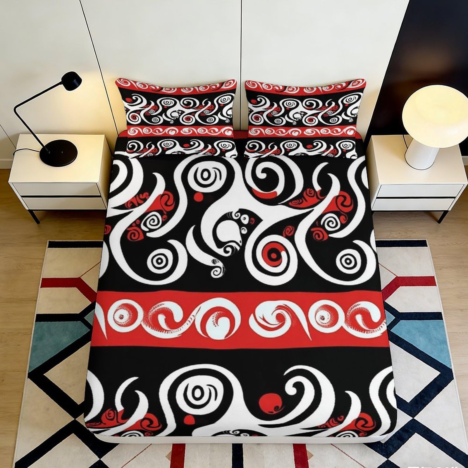 Pnayamiorkfel Style-9 3D Printed Abstract Swirl Fitted Sheet Microfiber Red Black White Spiral Mattress Cover For Bedroom Guest Room Decor 90X200x25cm