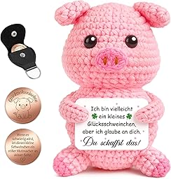 Giftota Pocket Hug Glücksschweinchen - Handgehäkelter Positive Schwein mit Glücksmünze & Lederetui - Gute Besserung Geschenk - Lustige Mutmacher Geburtstag Geschenkidee für Beste Freundin Schwester