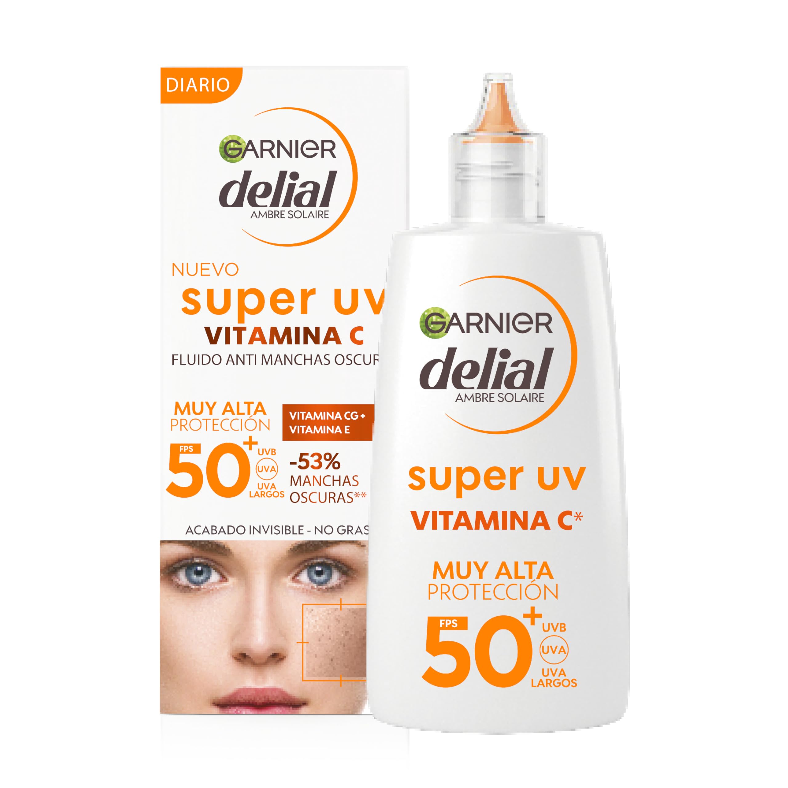 GARNIER DELIAL Crema Facial Fluida Uso Diário Muy Alta Protección Solar FPS50+ AntiManchas Con Vitamina C, Fórmula No Comedogénica 40 ml