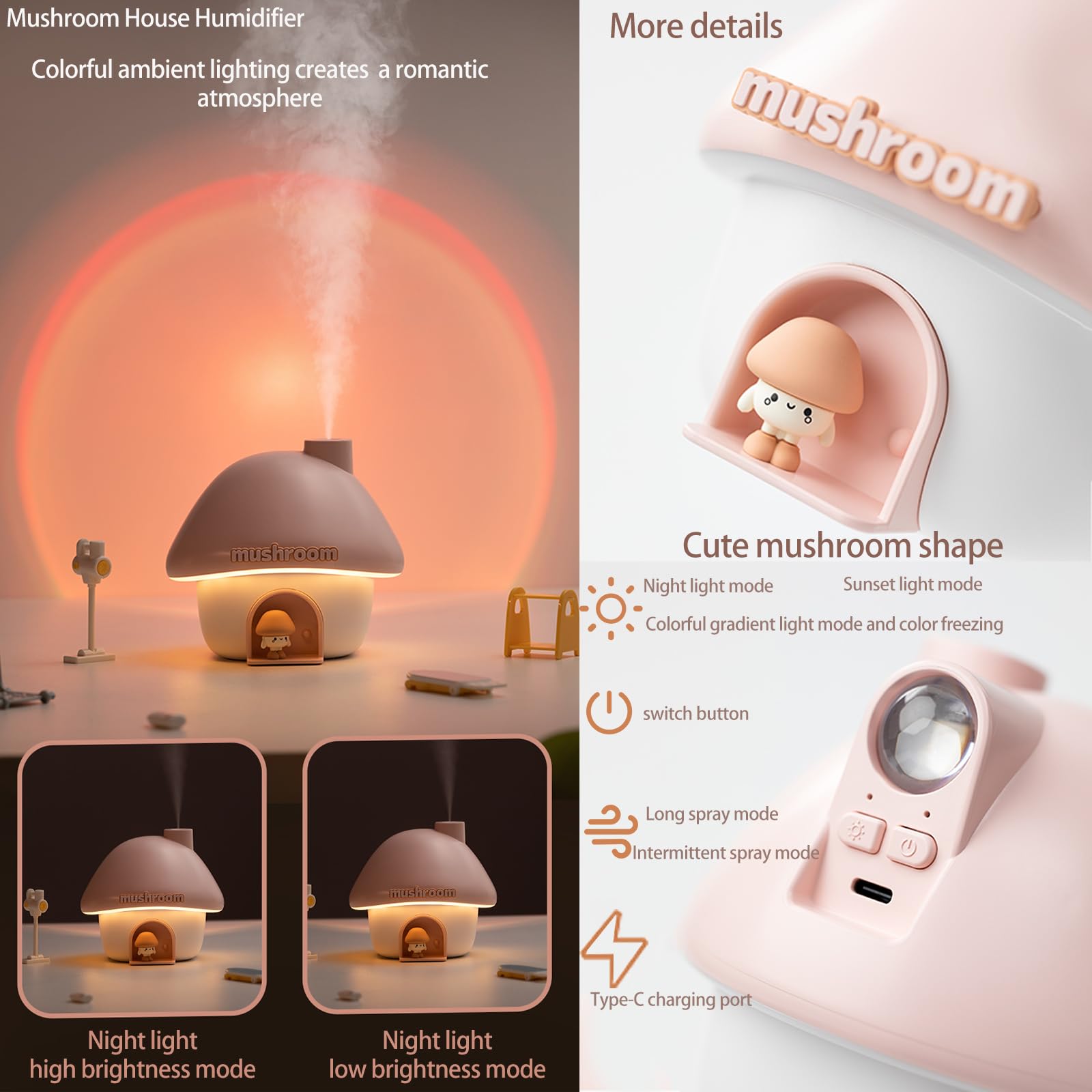 Humidificadores ultrasónicos para dormitorio y oficina, humidificador de niebla fría con luz de puesta de sol, humidificador de bebé con luz nocturna, humidificador portátil, dos modos de