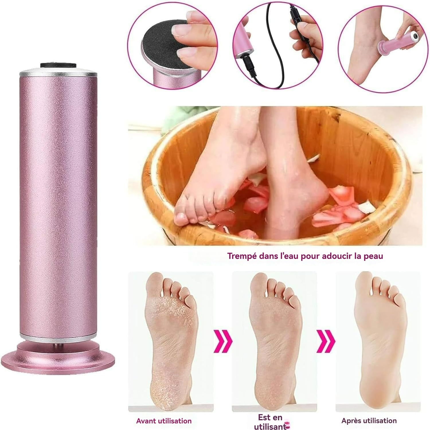 Mielle Glow Pied, Honey Glow Pied, Mielle Ponceuse sur Pied, Rapeuse Pieds Électrique Livré avec 60 Recharges de Tampons Exfoliants, pour Peaux Mortes, Squameuses et Craquelées (Or)