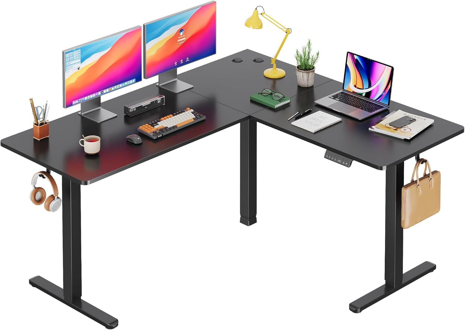 DEVAISE L Shaped Standing Desk Adjustable Height, Dual Motor Electric Corner Standing Desk, 63x55 inch Sit Stand up Home Office Desk with Splice Board, Black