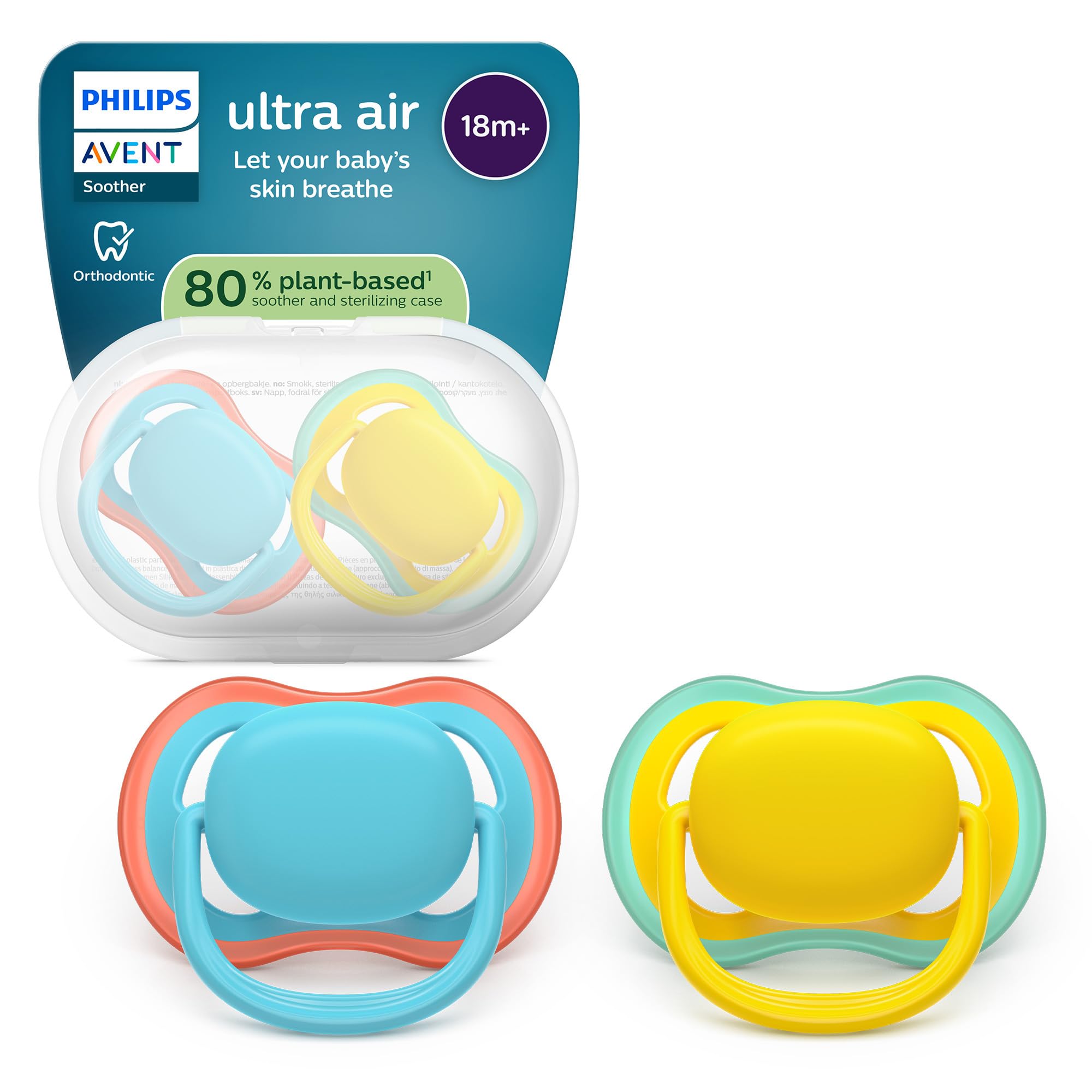 Philips Avent Ultra air Soothers - Orthodontic, Babies 18 Months+, Soft Silicone Teat, BPA-Free, Sterilising Case, 2 Pack, SCF349/57