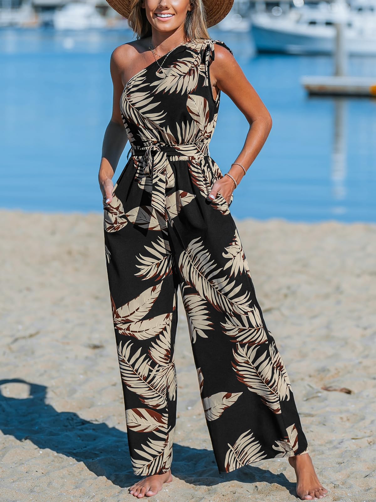 CUPSHE Combinaison pour femme - Épaules uniques - Sans manches - Cordon de serrage - Tropical - Jambe large - Combishort avec ceinture - Combinaison d'été ample