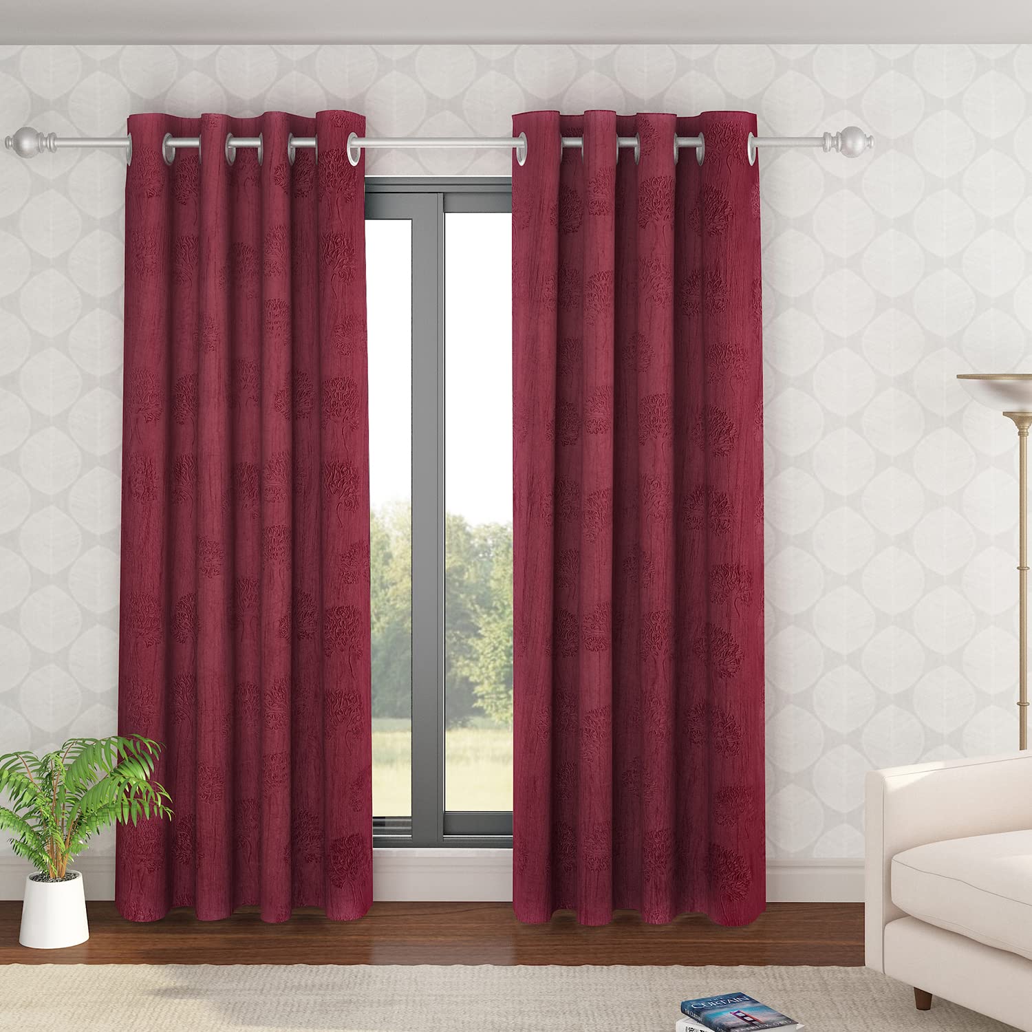 HOKIPO Long Crush Floral Tree Punching Polyester Window Curtains for Bedroom & Living Room,7 feet Long,Set of 2, Maroon (IN-557-MRN*2) (B0BTVZ9R31) Amazon Price History, Amazon Price Tracker