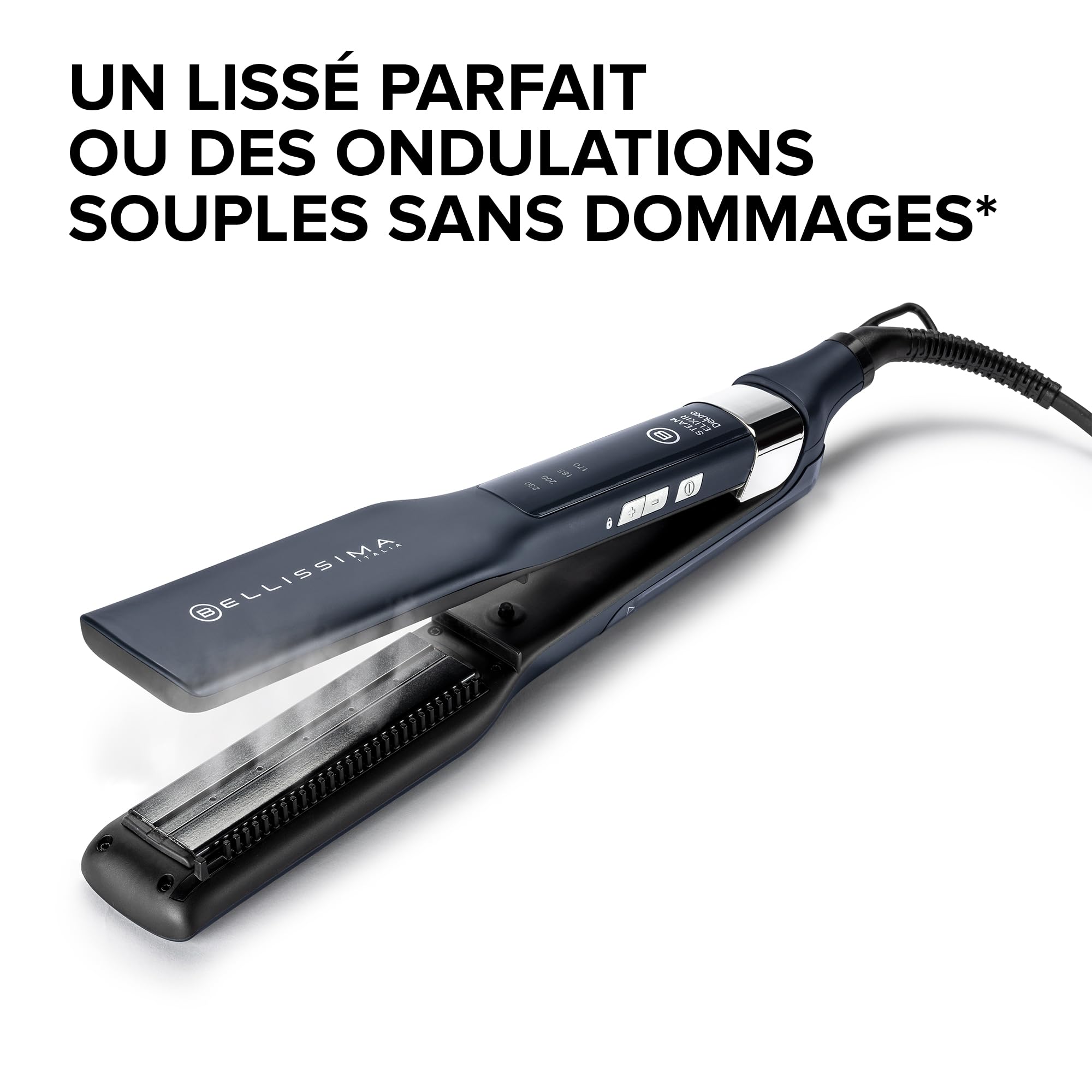 Bellissima Fer à Lisser Steam Elixir Deluxe - Fer à Vapeur Professionnel Pour Rendu Lisse ou Ondulé - Lisseur Vapeur Avec Plaques en Céramique et Kératine Cheveux Protégés, Doux et Lumineux