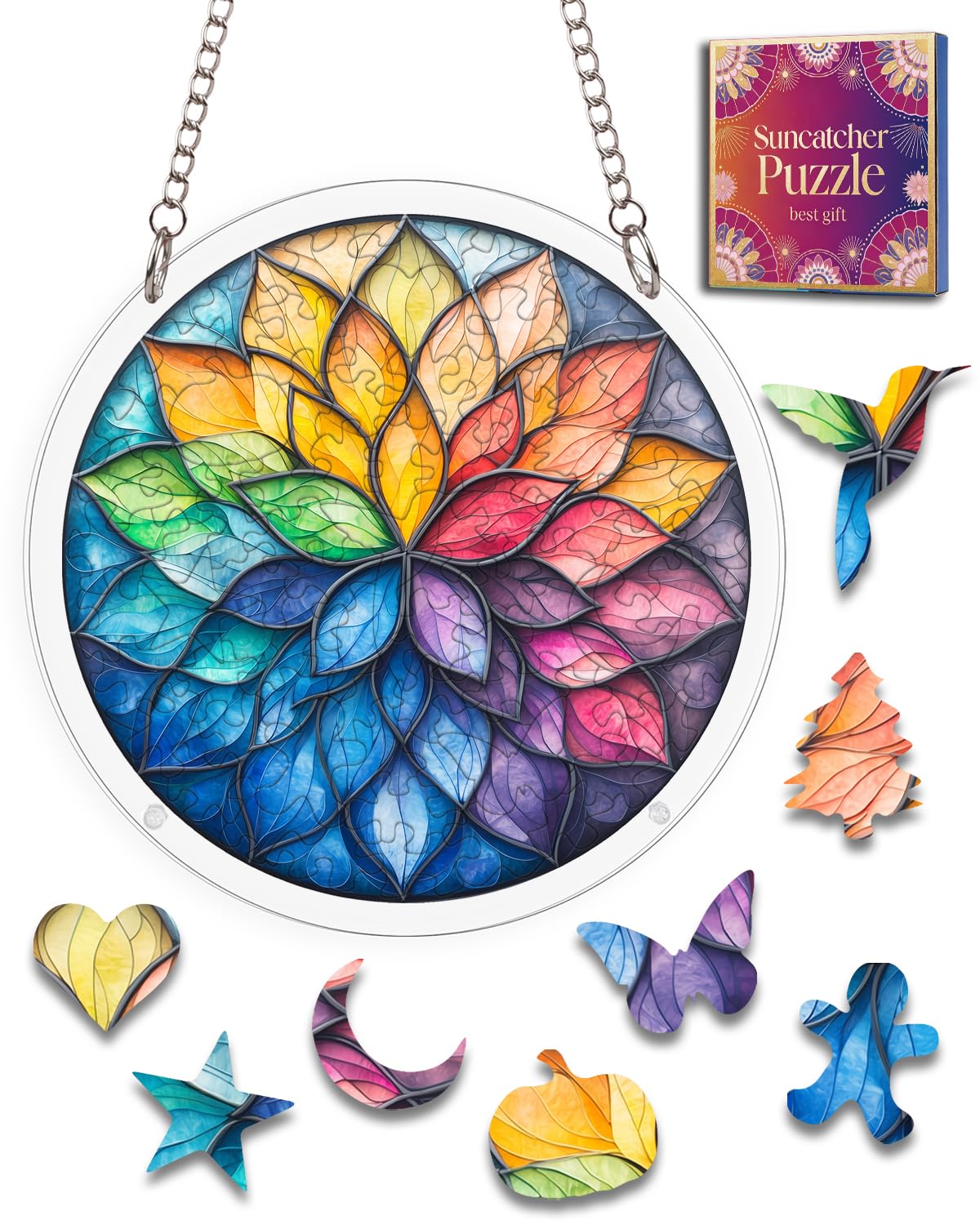 Acrylic Jigsaw Puzzle Suncatcher Colorful Lotus Flower Adult Gifts 7.8"