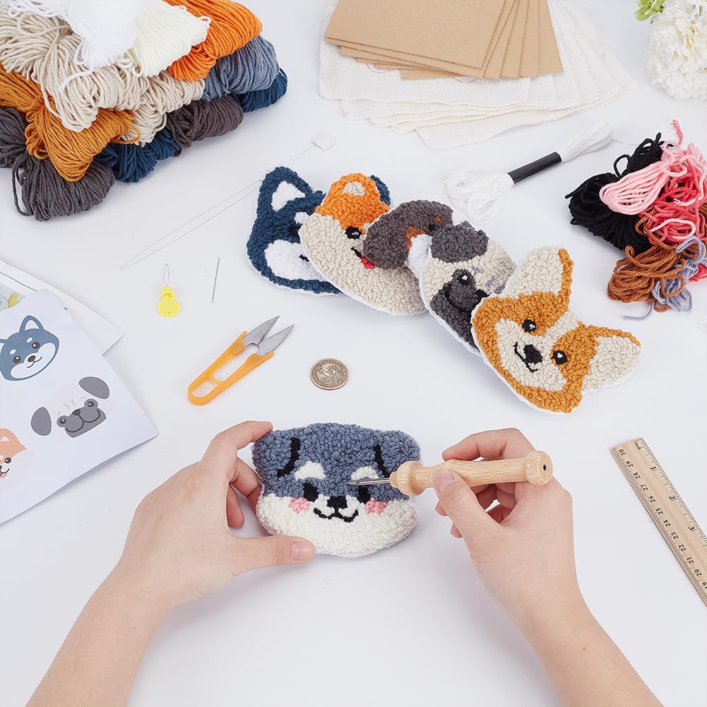 ORIGACH 6 Stück Stanznadel Untersetzer Starter Kit für Anfänger mit Anleitung, DIY Punch Needle Handwerk Stickerei Kit mit Filz Garne Stanznadelstoff, Welpenmotiv