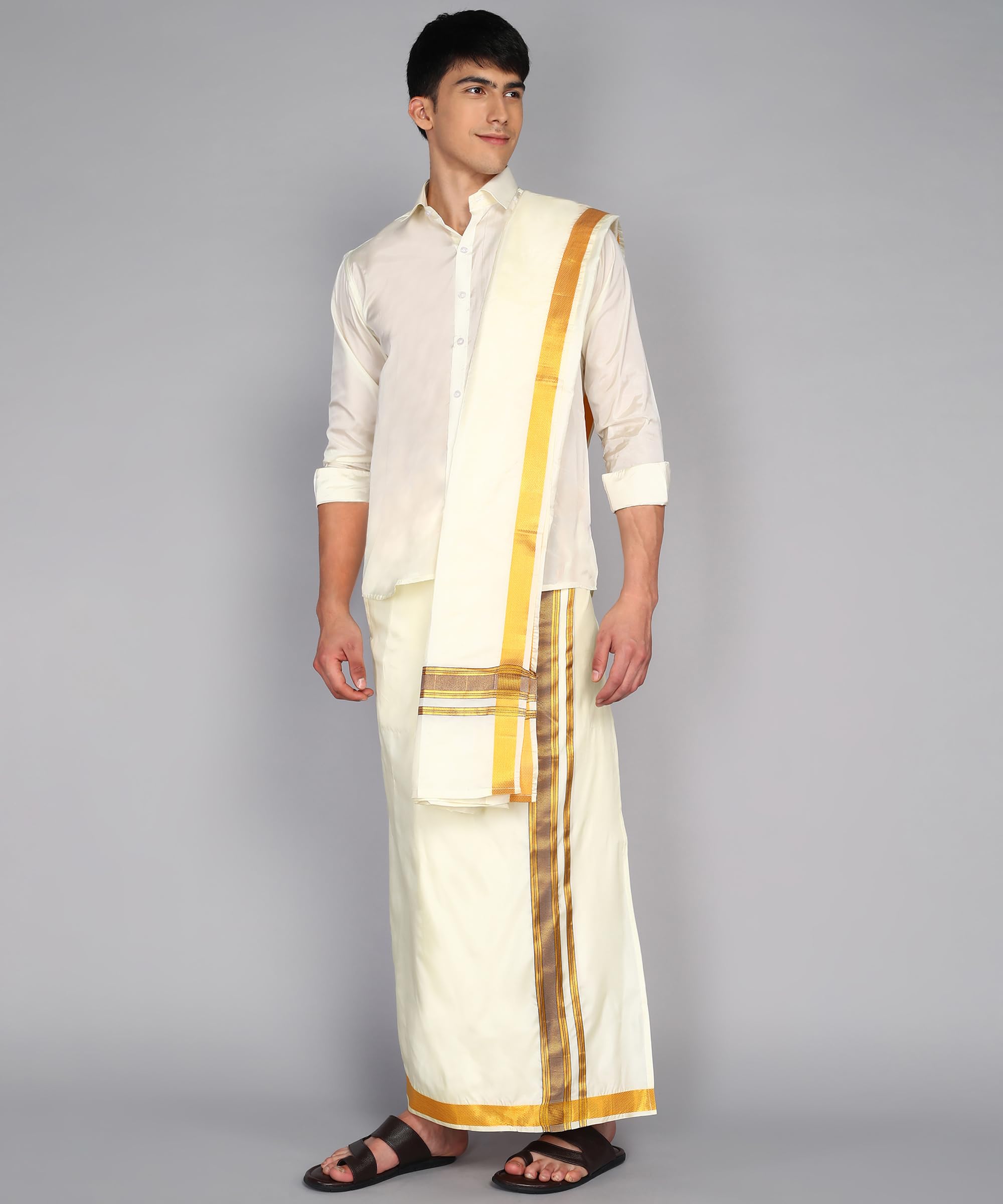 Prakasam Cotton-Mens Asha Pattu Wedding Fancy Border Dhoti + Readymade Shirt+ Matching Towel (38)
