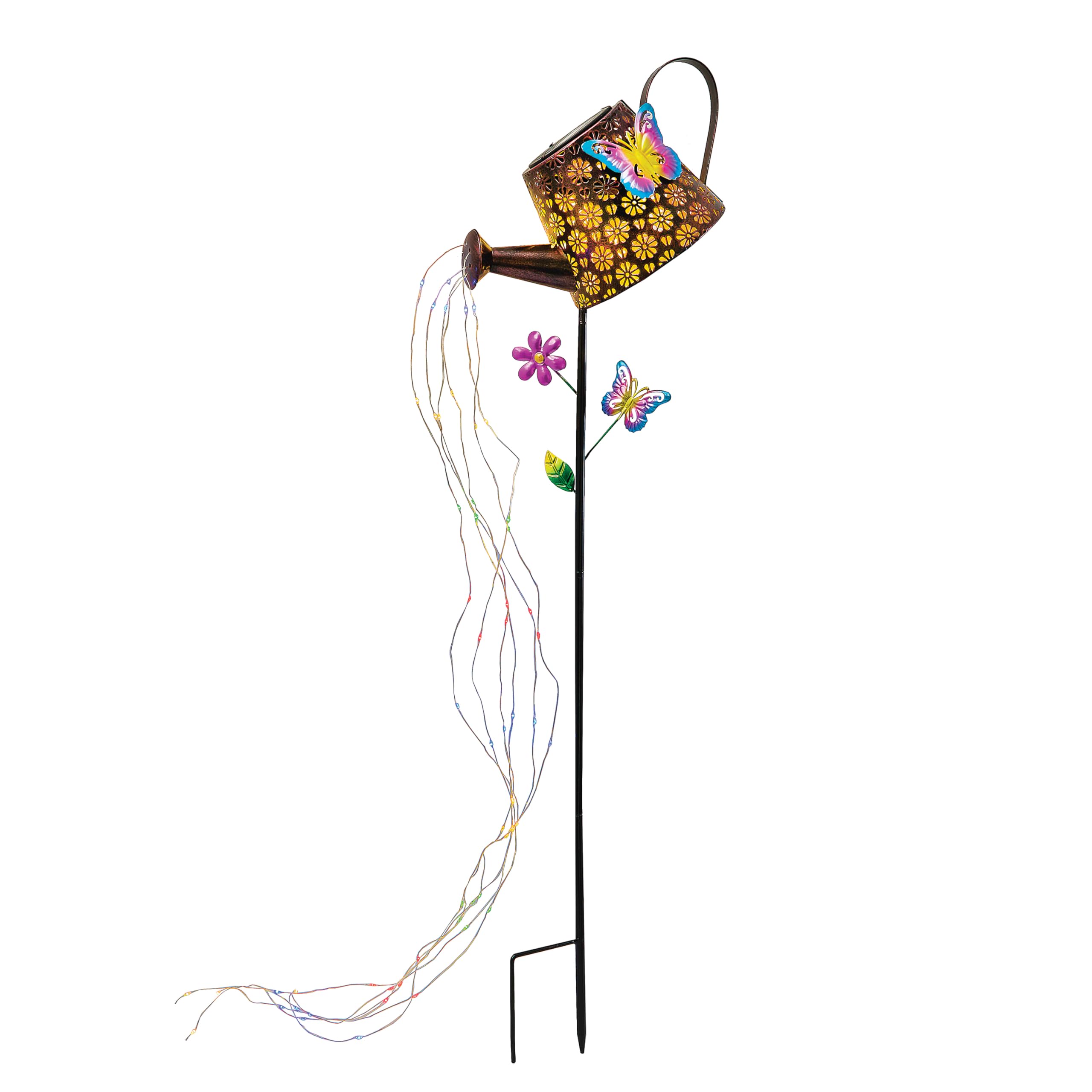 Coopers of Stortford - Multi-Coloured Solar Watering Can - LED Garden Light Feature - Metal Stake with Floral & Butterfly Cut-Outs - Flowing Water Effect - Outdoor Solar Décor