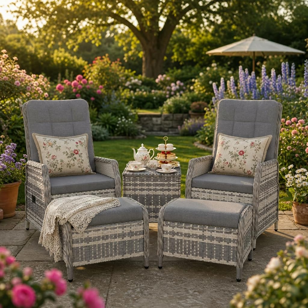 Gotland Rattan Garten Terrassen möbel Set Lounge Möbel Outdoor, Verstellbares 2-Sitzer Terrassen/Garten möbel Set mit 118° Rückenlehne & Fußhocker, Hochwertige Polster & Glastisch, Wetterfest