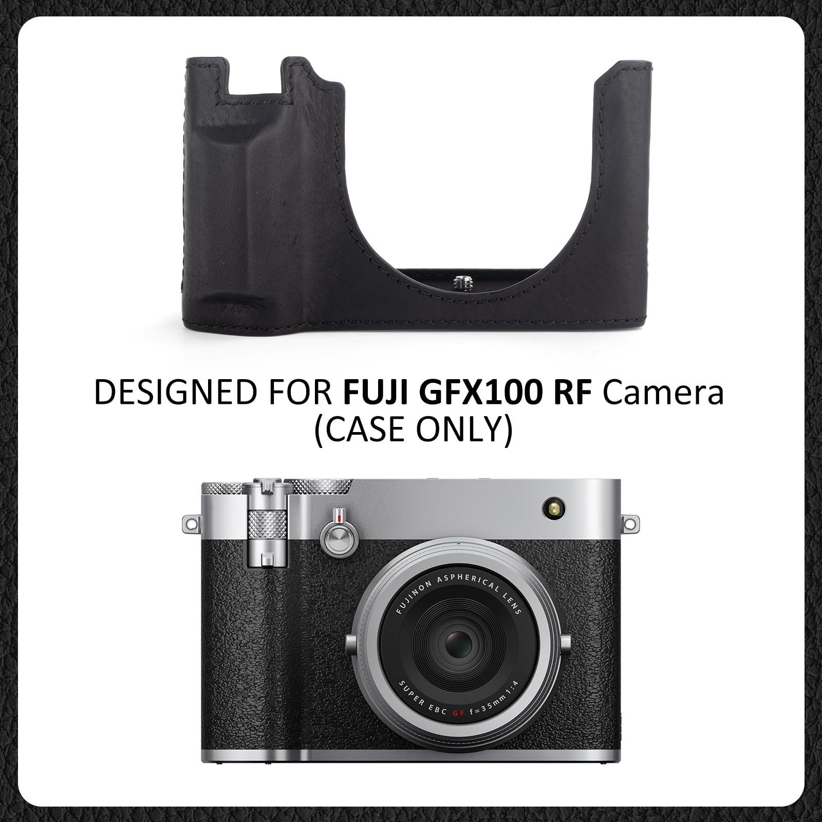 MUZIRI KINOKOO Housse pour Fuji GFX100 RF, Demi-étui de Protection en Cuir véritable Compatible avec Les appareils Photo numériques Fuji GFX100 RF/GFX100RF - avec Ouverture en Bas et poignée - Noir