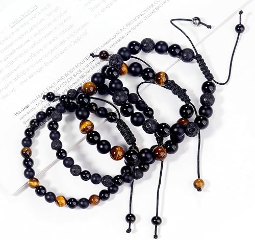 Miniatura 97 de Black Beaded Bracelets for Men Boys: 6mm Obsidian Onyx Lava Beads Mens Bracelet Set Mens Jewelry - Cool Anniversary Valentines Fathers Birthday