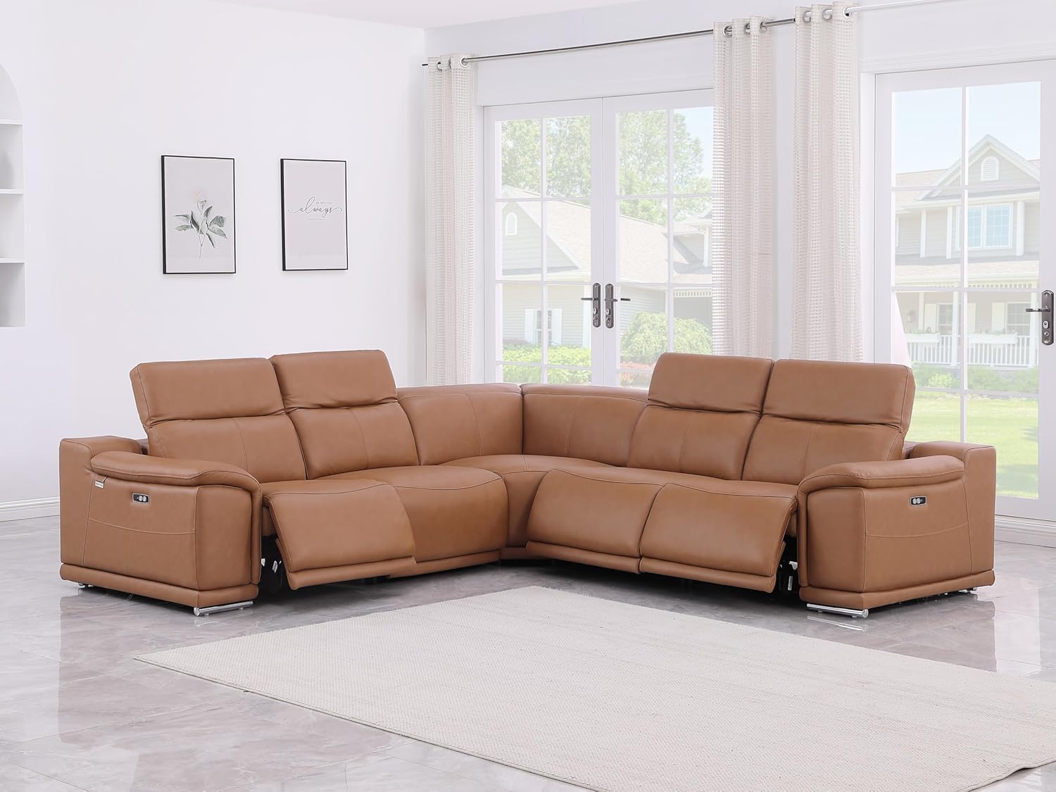 BlackJack Furniture Venice 5 Piece Top Grain Italian Leather Sectional Sofa with 3-Power Recliners, Adjustable Headrest, Lumbar Support, USB &amp; Wireless Charger, Large Storage, 1 Console, Cognac