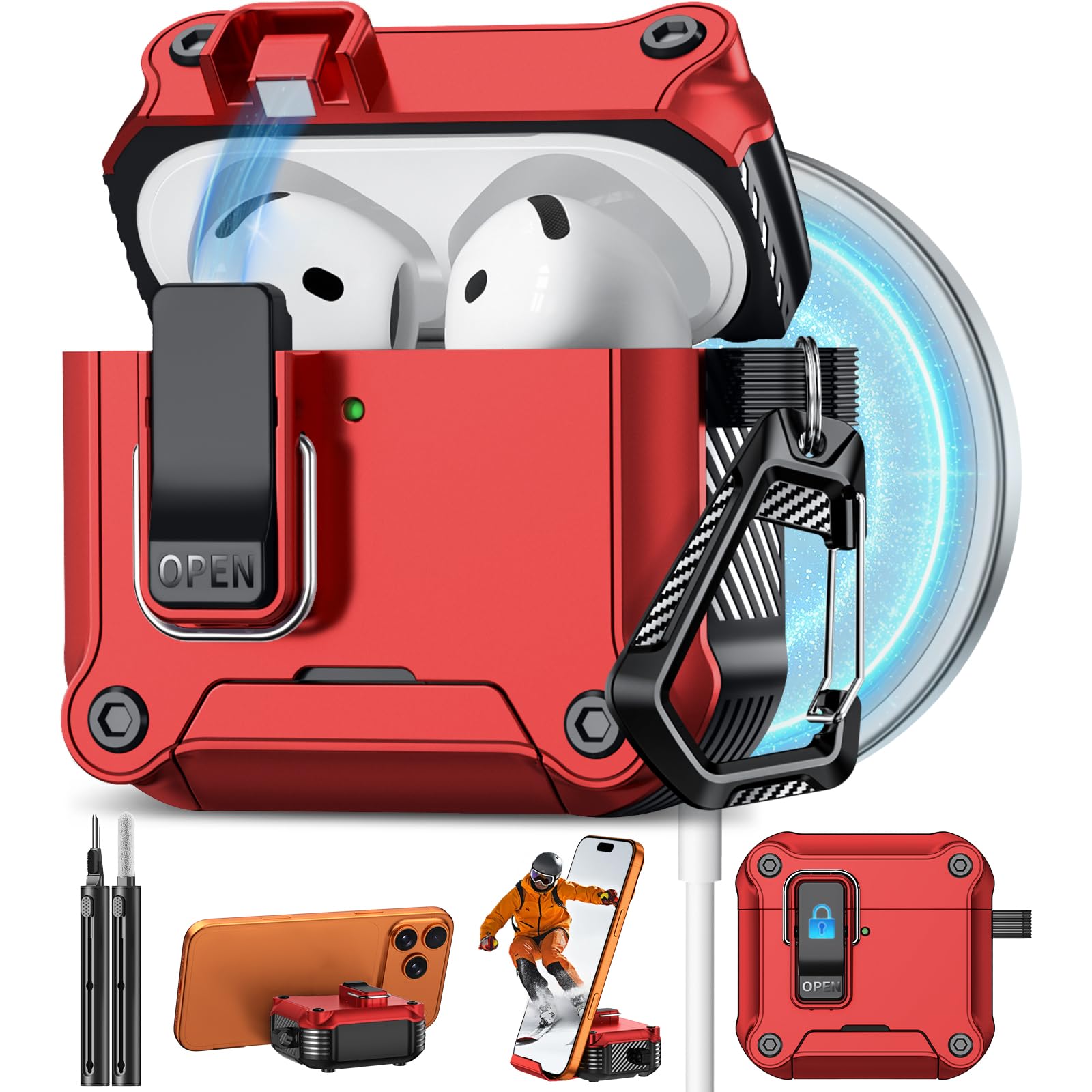 Pohgelan for AirPods 5/4 Case (2026/2024) with Safety Lock-Red