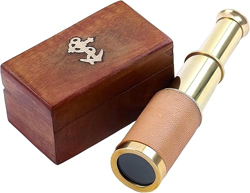 Miniatura 7 de Mythrojan Mini telescopio de latón de 6 "Pirata Spyglass con caja de madera, regalo náutico, telescopio decorativo monocular marítimo con óptica de