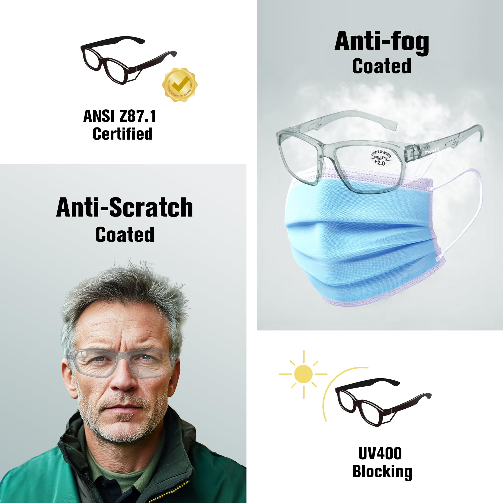 ProtectX Elegantes gafas de seguridad antivaho y resistentes a los arañazos con lectores, gafas de protección UV, gafas ligeras antiimpacto para hombres y mujeres, color carbón de lectura 2.0