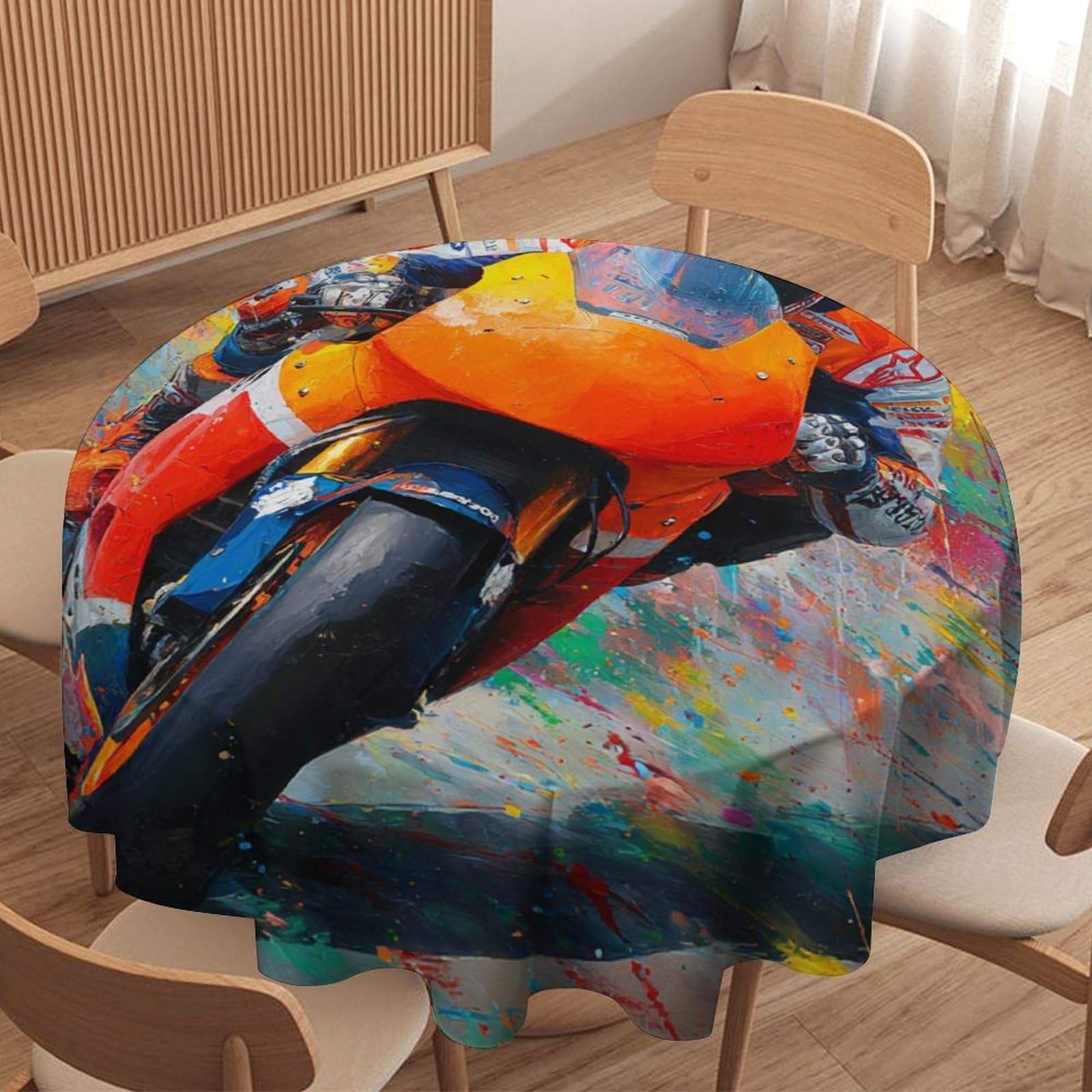 LUYYSKY Cool Graffiti Rider Waterproof Round Tablecloth Realistic Oil Painting Extreme Sports Theme Motorbike Racer Print Washable Table Cover for Kitchen-152.4" Wx152.4 L cm