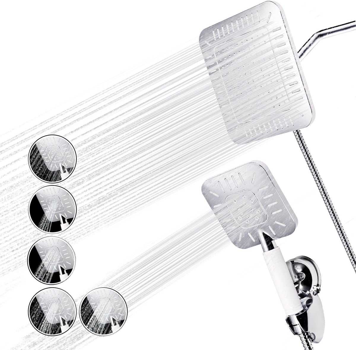 TAPCET Shower Head Set, 5 in 1 Multifunctional High Pressure Handheld Shower Head + 9 Inches Rotatable Rainfall Shower Head + Shower Hose + Water Diverter + Sucker Base Bracket + Teflon Tape