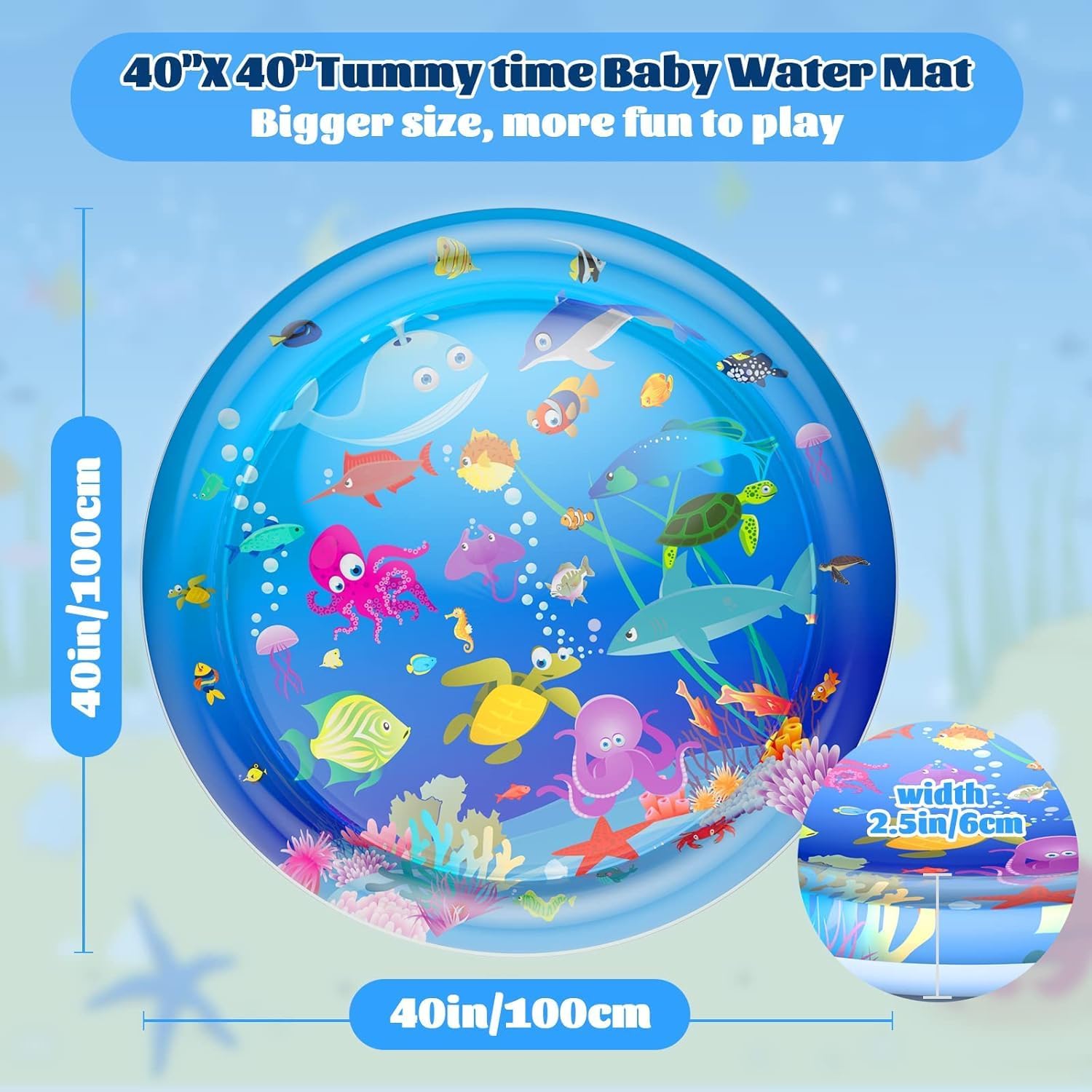 Faburo 40" X 40" Large Tummy Time Water Mat for Babies, XL Baby Water Play Mat, Infant Water Sensory Baby Tummy Time Play Mat for 3 6 9 12 Months Toddlers (40in XL)