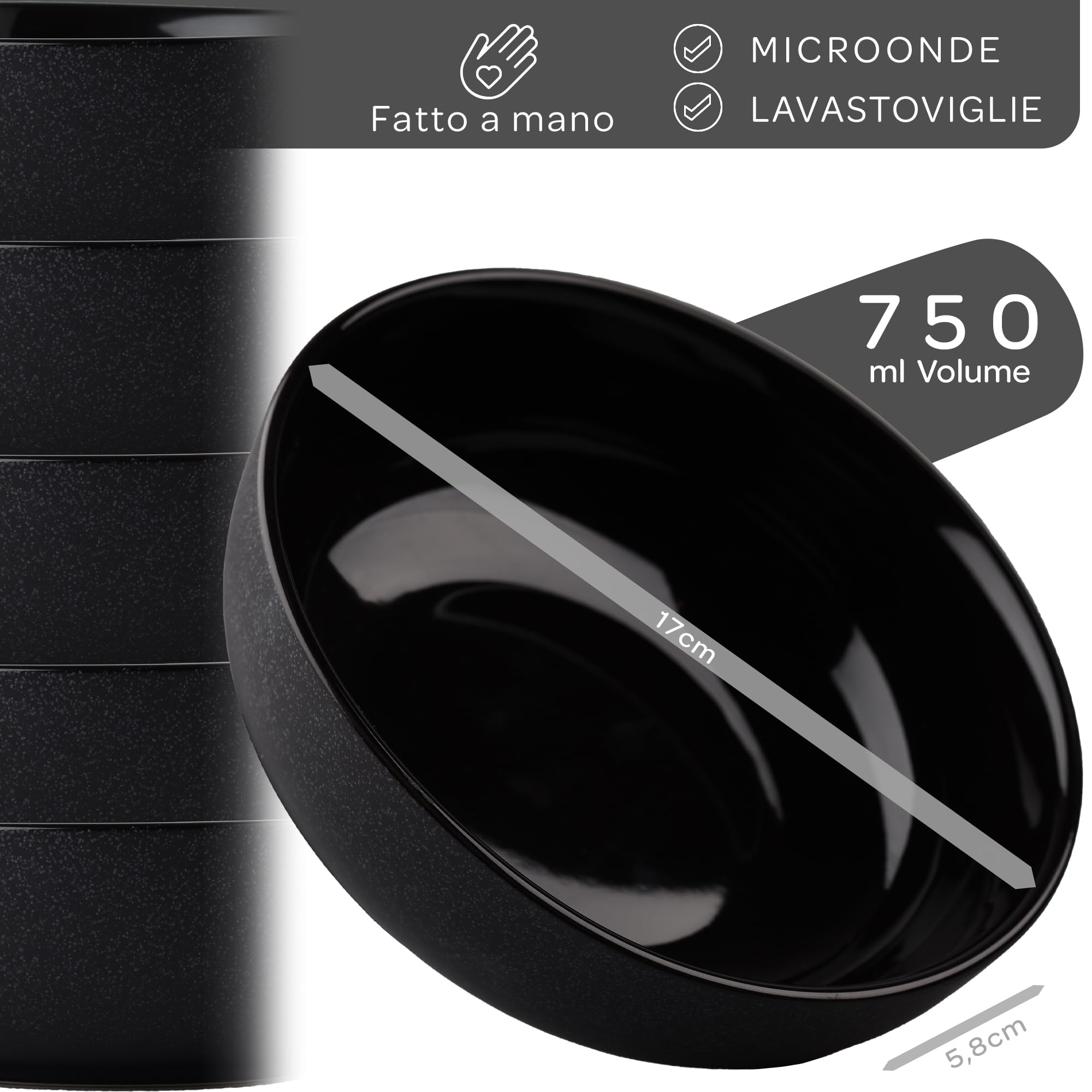 Steinzeit Ciotola Cucina Design (6x750ml, nero) - Insalatiera Ceramica per zuppa extra large - Ciotole colazione lavabile in lavastoviglie - Bowl - Ciotola per cereali - Insalatiera in ceramica