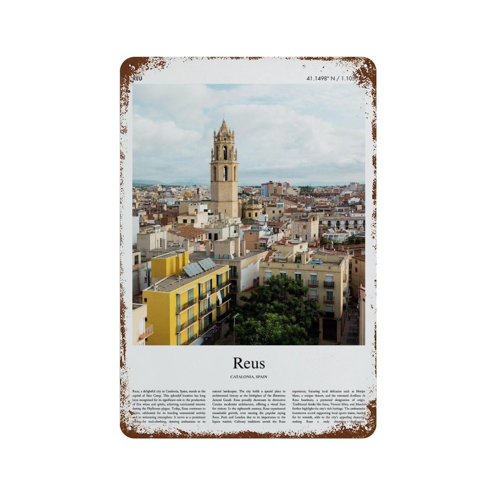 xiaoxiaoshen Reus Catalonia, Spain City Scenery Wall Decor Art Metal Tin Poster Modern Home Decor Art Home Bar Shop Decorations Vintage Sign 30x20cm