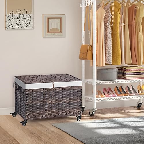 Miniatura 2 de Rolling Storage Basket with Lid, 47.6 Gallon (180L) Storage Bin with Wheels, Woven Rattan Blanket Storage Basket with Handles, Foldable, Metal Marrón