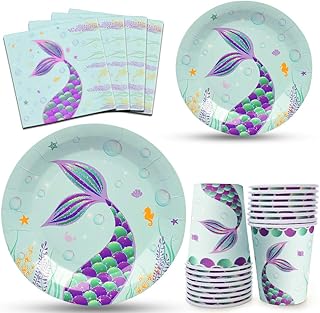WERNNSAI Mermaid Party Supplies Set - Mermaid Party Tableware Kit Include Dinner Dessert Plates Cups Napkins for Girls Birthday Baby Shower Disposable Mermaid Dinnerware Pack Serves 16 Guests 64PCS