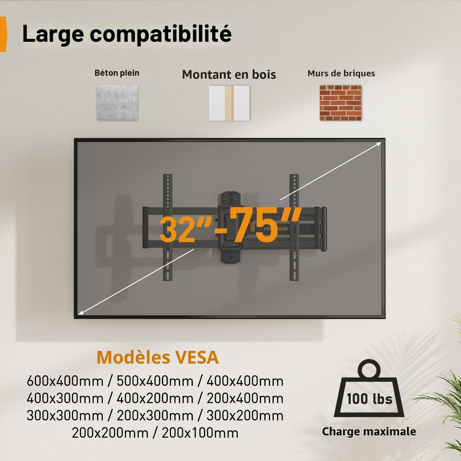 Perlegear Support Mural TV à Extra Longue Portée 822mm, pour écrans 32-75 Pouces LED/LCD/OLED et courbé, Support TV Mural Pivotant, Inclinable et Rotatif, Max VESA 600x400mm Capacité Max de 45kg