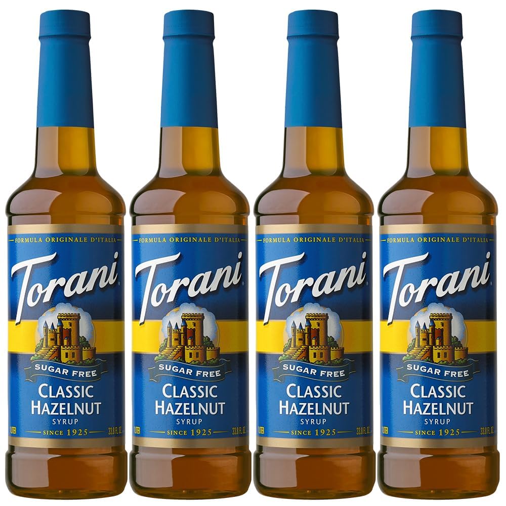 Torani Hazelnut Syrup - Sugar Free Coffee Syrups Gift Set (4 x 750ml) - Classic Flavour for Lattes & Iced Drinks - Zero Calorie Coffee Flavouring, Vegan-Friendly