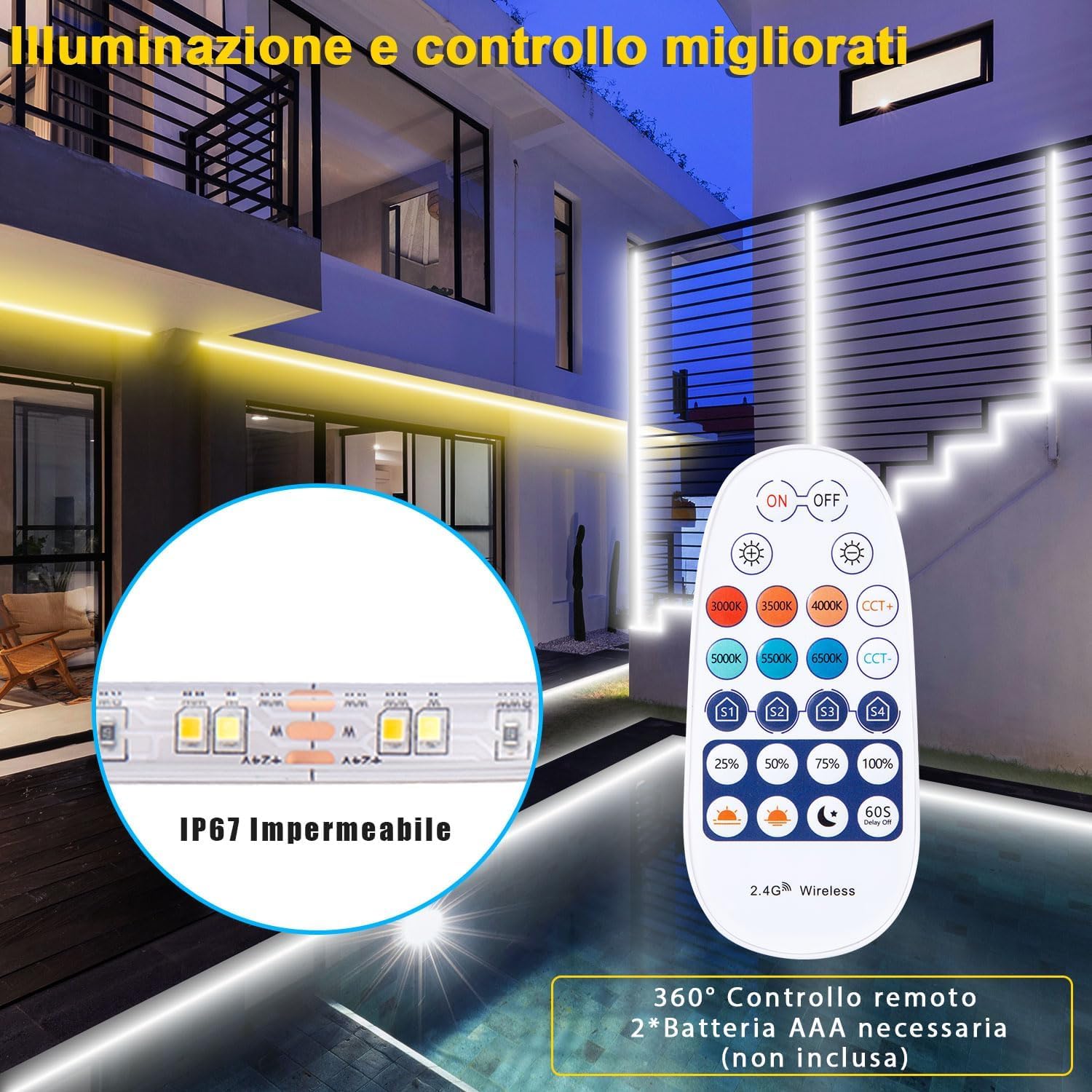 15M Striscia LED Esterno Bianco Freddo a Bianco Caldo Dimmerabile | Luci LED Compatibile con Alexa, Luce LED Senza Filo Smart, 24v Impermeabile Striscia Adesive per Cucina, Giardino