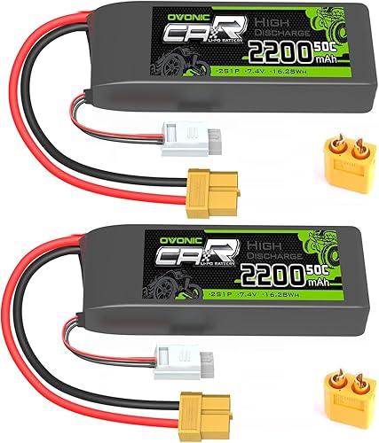 OVONIC 7.4V Lipo 2200 mAh 50C 2S Lipo Batería con XT60+TRA Plug (2 paquetes)