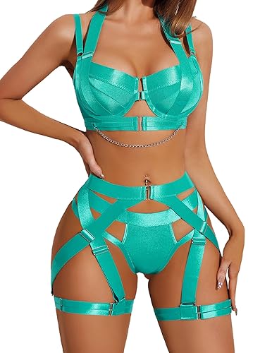 Avidlove Lingerie Set for Women Sexy Strappy Lingerie Underwire Push Up Bra Garter Set Lingerie with Chain - Small - Light Blue