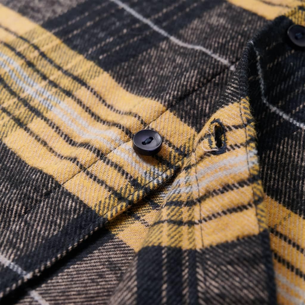 Camisa infantil a cuadros amarillo y negro de 100% algodón con cuello puntiagudo, mangas largas, parche bordado de oso, filas de botones, transpirable y cómoda para el día a día de los niños