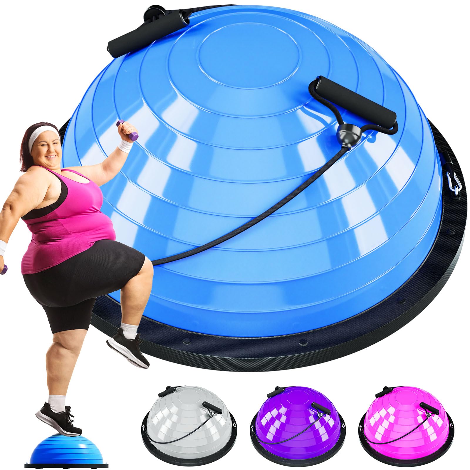 Half Balance Ball Trainer - 23 Inch Half Exercise Ball for Workout, Physical Therapy, Yoga, Home Gym, Core Strength, Stability, Fitness, Balance Training Equipment with Resistance Bands, Foot Pump