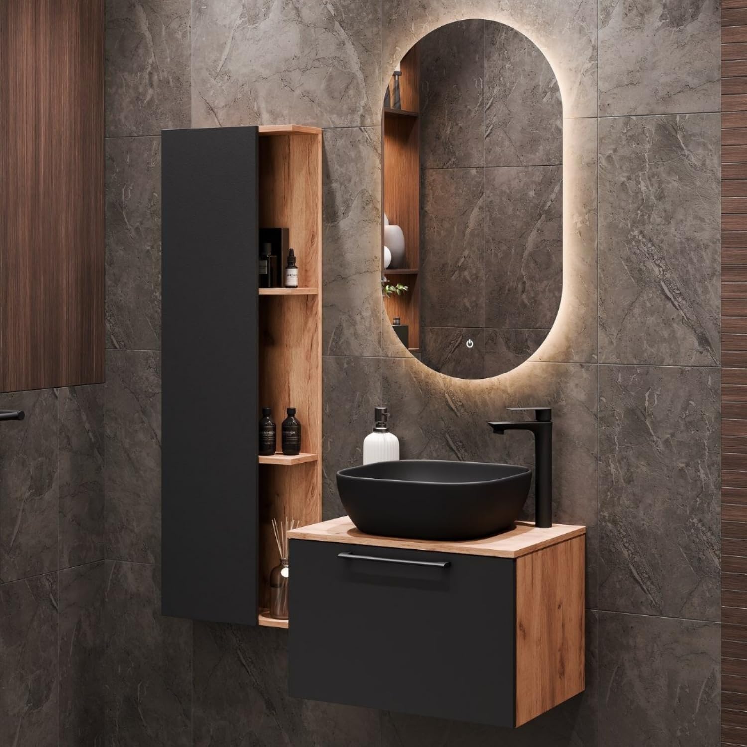 Planetmöbel Astra Badmöbel Set mit Waschtisch 60 cm mit 1x Seitenschrank Gold Eiche Anthrazit, Aufsatzwaschbecken 42 cm schwarz, Spiegel (mit LED) 50cm
