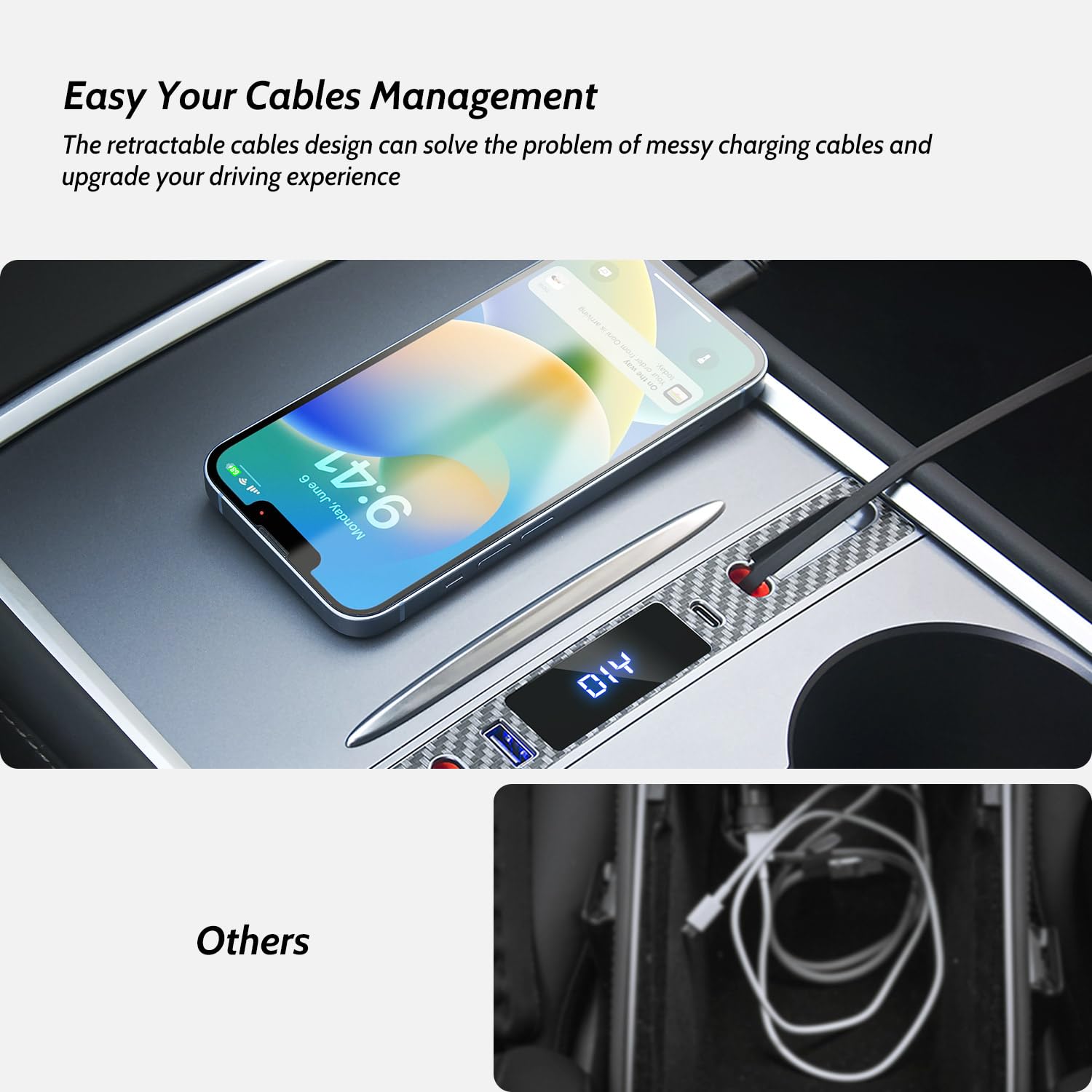 Hub USB de consola (blanco), adaptador de cables retráctiles USB para Tesla Model 3/Y accesorios interiores 2023 2022 2021, cargador de teléfono de coche, regalos para propietarios de Tesla