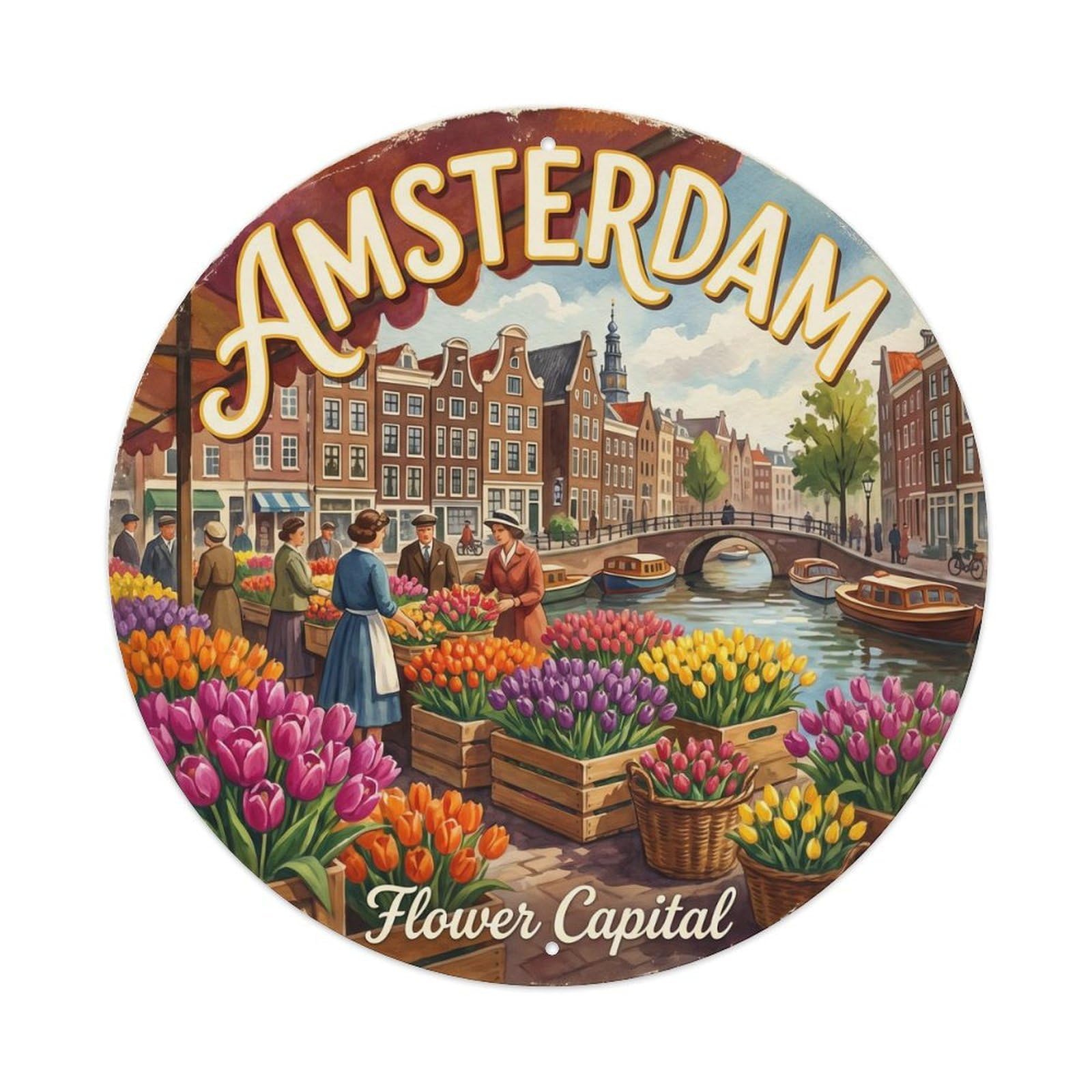 Fqnyr Style Vintage Travel Amsterdam Tulip Netherlands Metal Tin Sign