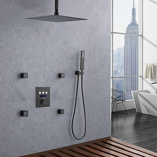 Miniatura 2 de Sistema de grifo de ducha, montaje en techo negro mate, juego de cabezal de ducha de cuerpo completo de 12 pulgadas con 4 piezas de spray corporal