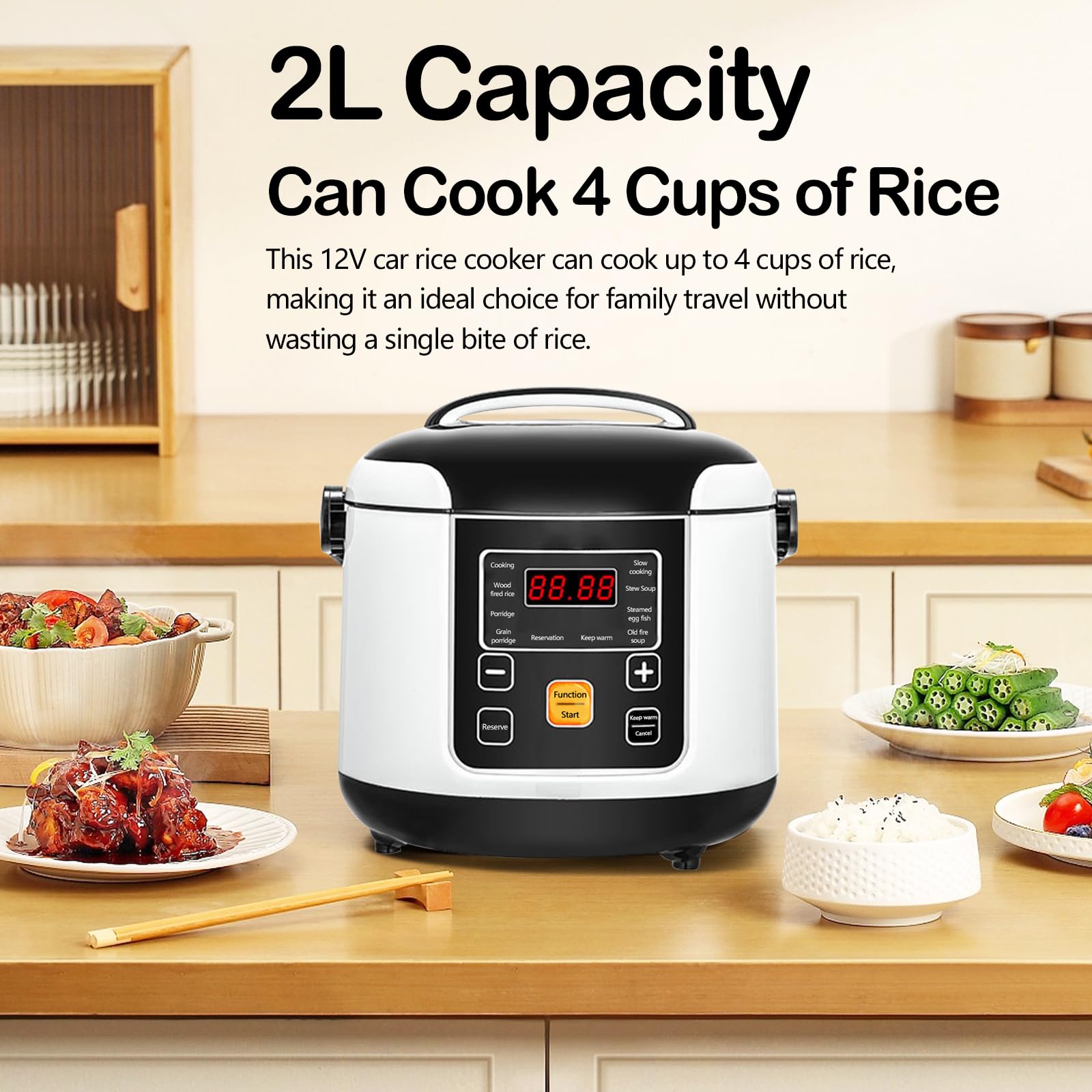 Cuociriso Per Auto, 200w 12v/24v Piccolo Cuociriso Portatile Funzione Di Prenotazione 24 Ore Funzione Di Mantenimento In Caldo Per Cucinare Zuppa Di Riso E Porridge Capacità 2l