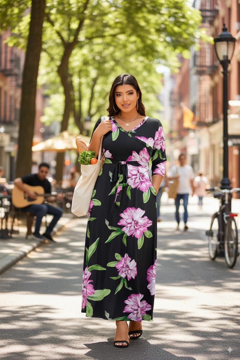 FANDEE Plus Size Maxi Dress Casual 3/4 Sleeve V-Neck Floral Flowy Long Dress with Belt - Image 4